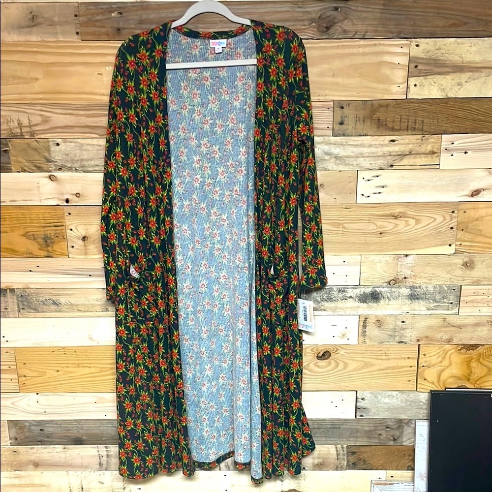 LuLaRoe size Medium Black with Red Floral and Green Leaves Lightweight Cardigan